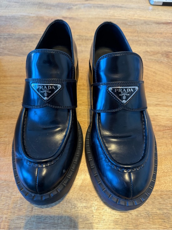 Prada Shoes - Prada Black Leather Logo Strap Loafers
